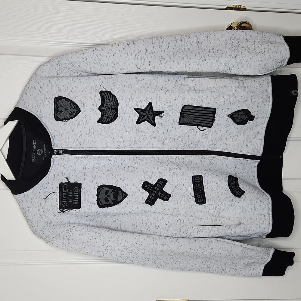 Men's Free Planet patch crew neck zip up sweatshirt Size large gray black - Picture 1 of 9